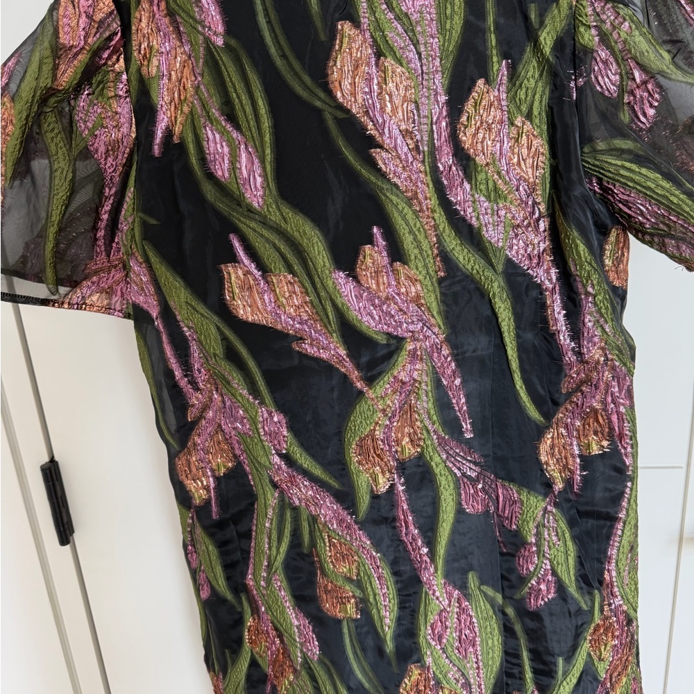 THML Midnight in London Black Mini Dress with Vibrant Leaf Design - Picture 2 of 4